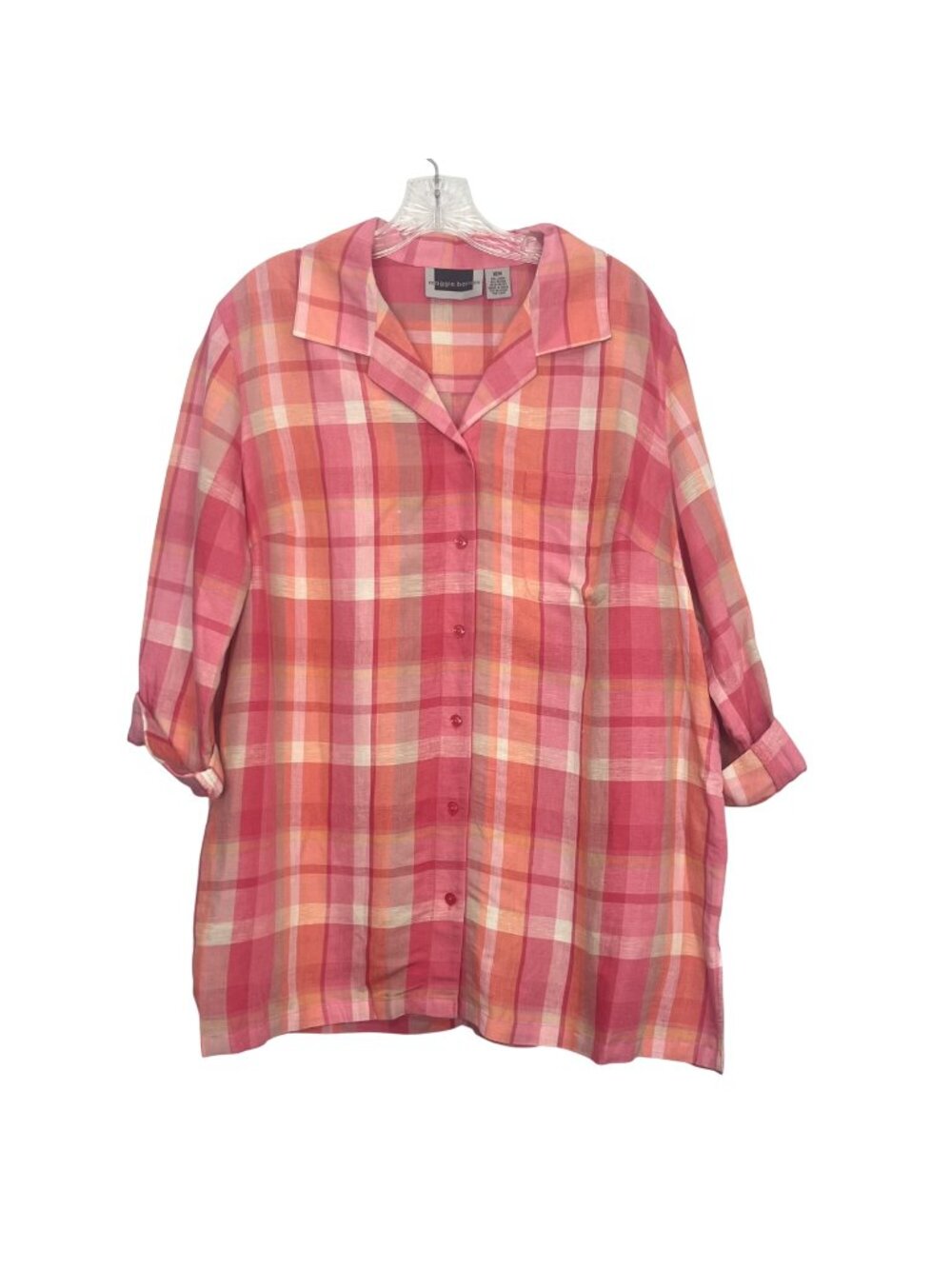 Maggie Barnes Button Up Shirt Womens Size 18W Pink Plaid Linen Blend